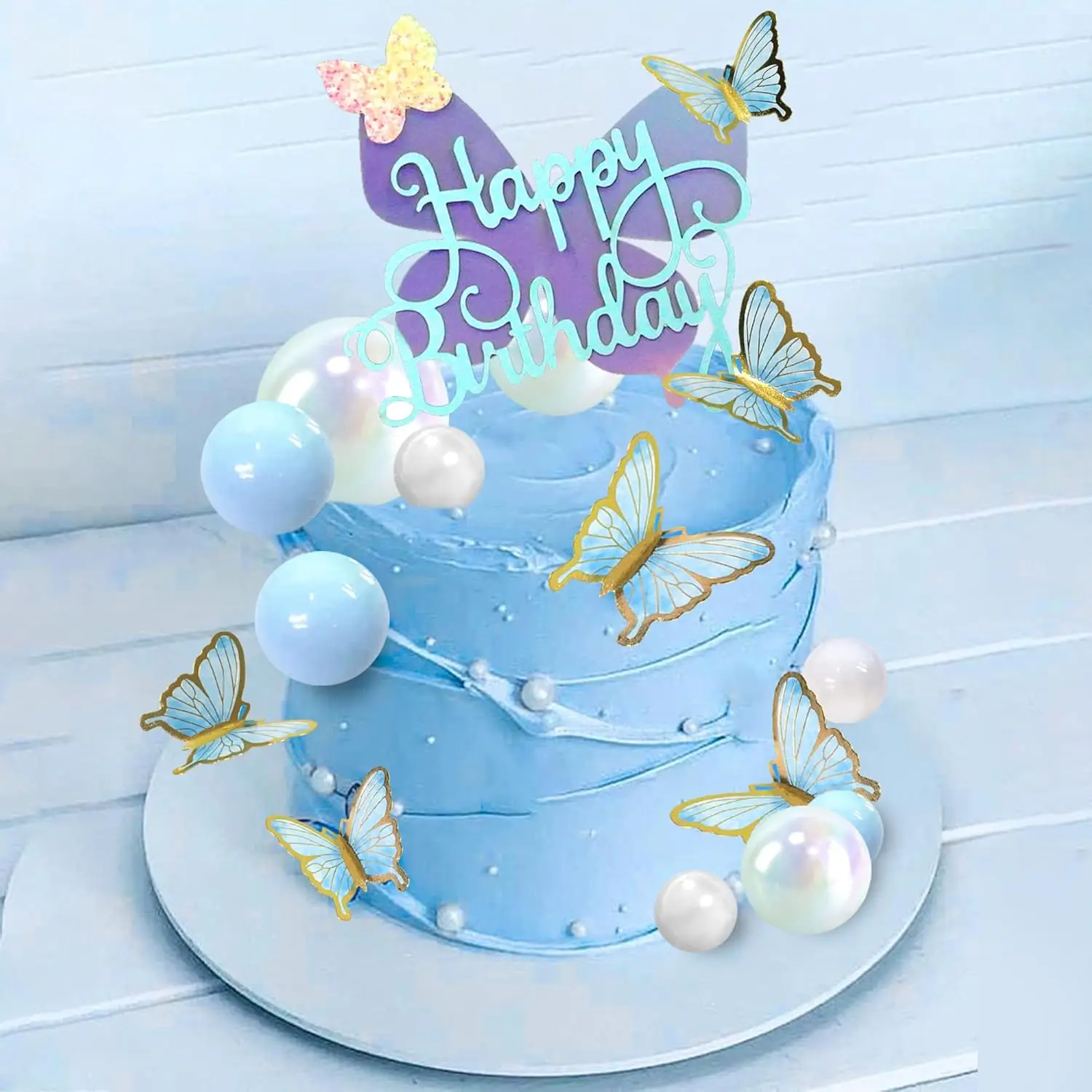 Dekoracja tortu motylkowego Dekoracje tortu z pianki z niebieskimi kulkami na wesele Baby Shower Urodziny Boho Impreza tematyczna