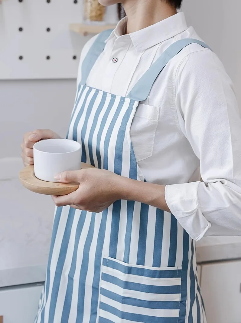 Summer Breathable Striped Cotton Kitchen Chef Apron with Pockets for Women Men Stain-resistant Smock for Cooking Baking Cleaning