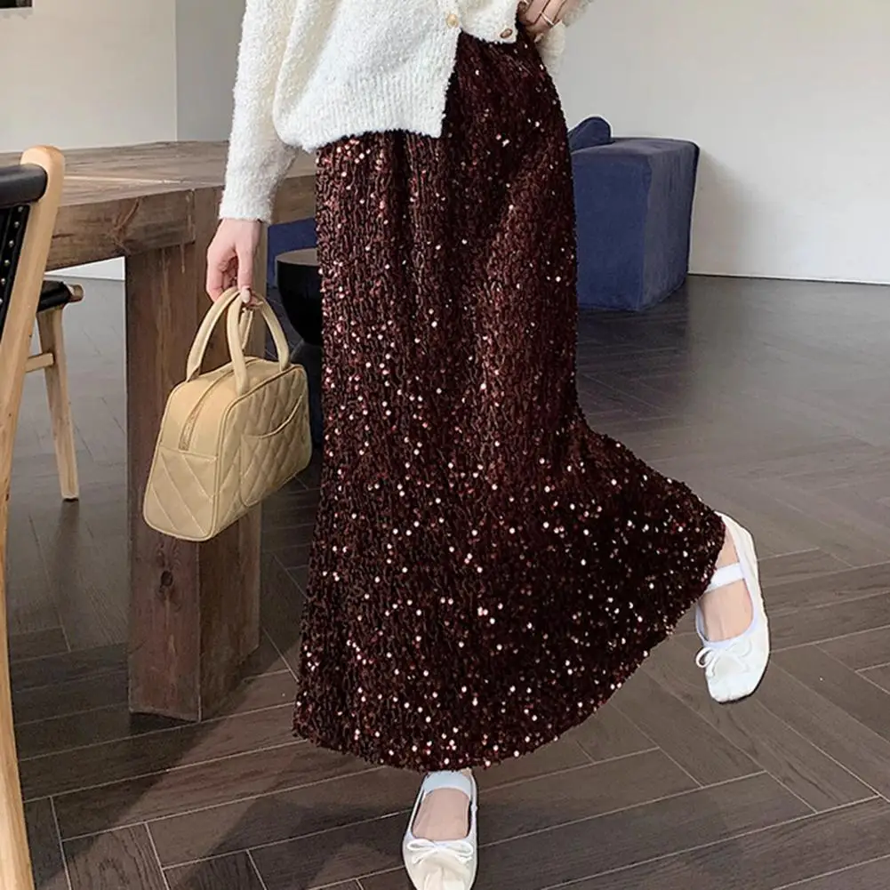 Jupe mi-longue à lacets pour femmes, ligne a, garniture à paillettes, décoration de paillettes brillantes, façonnant les jambes, taille haute, fente au dos