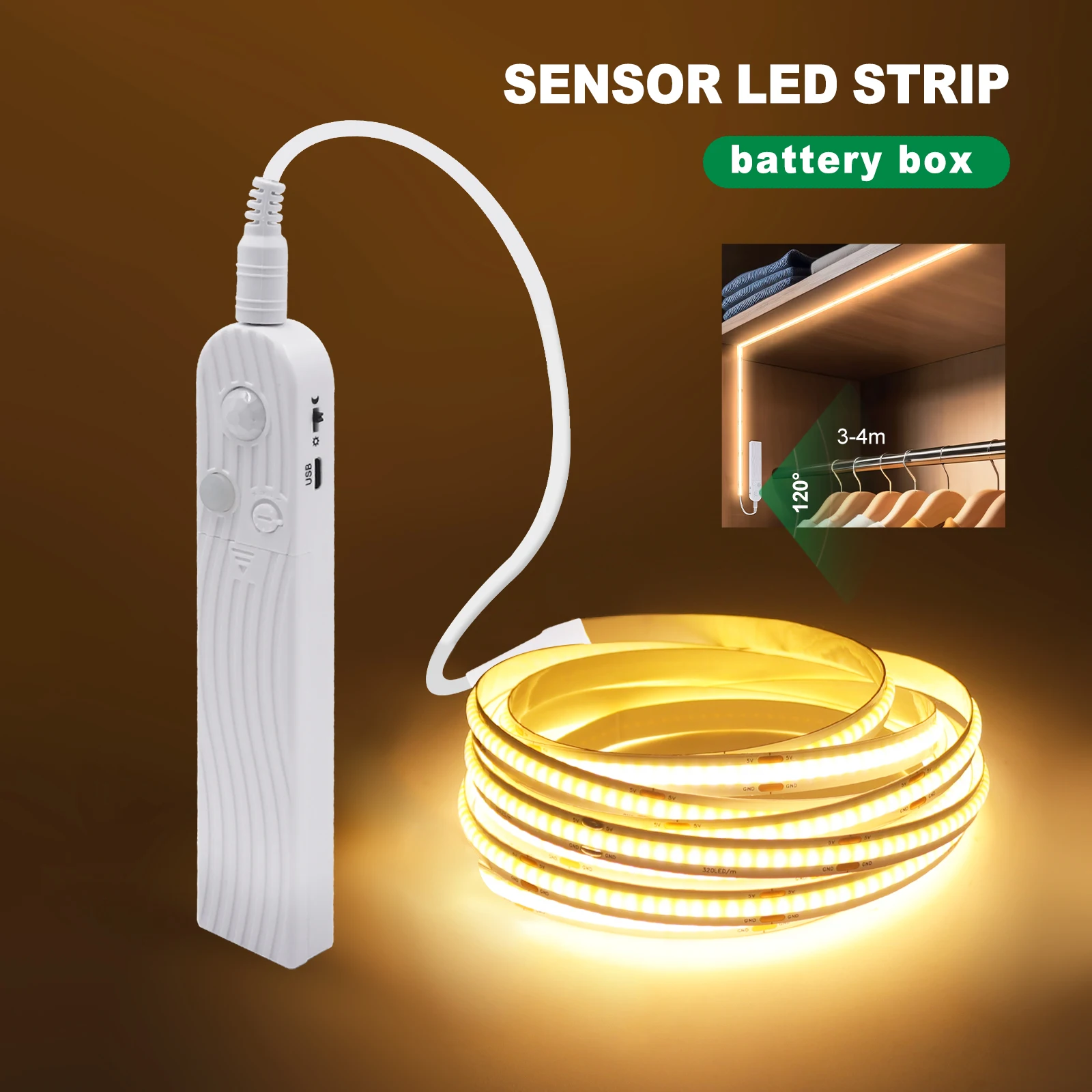 DC 5V Sensor Dimmable COB LED Light Strips Bar 320LEDs/M USB Battery Power 3MM 5MM 8MM RA90 Kitchen Cabinet Night Tape Lighting