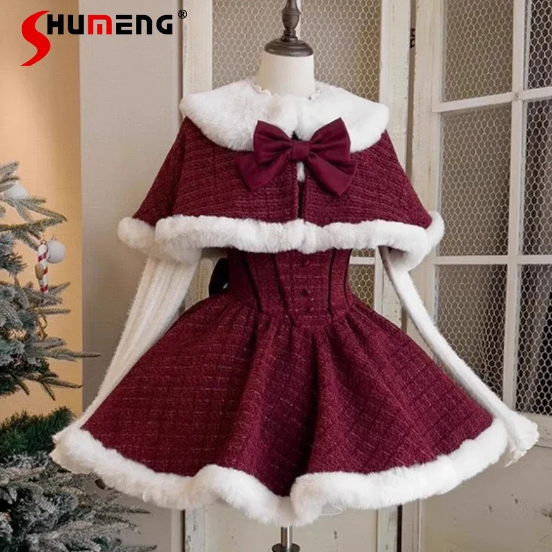 

Christmas New Year Robe Lolita Japanese Long Sleeves Top Cloak Coat Bow Rough Edge Suspender Dress Cape Three Pieces Suit Female