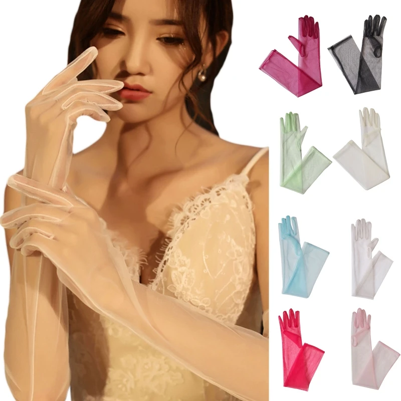 

Exquisite Long Tulle Elbow Gloves 55cm Wedding Gloves Ultra Thin Stretchy Full Finger Mittens for Opera Party Concert