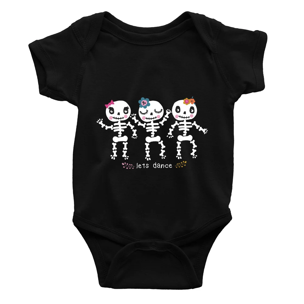 Cartoon Cute Skeleton Let\'s Dance Toddler Rompers Black Summer Newborn Clothes Comfy Breathable Kawaii Baby Girl Boy Bodysuits