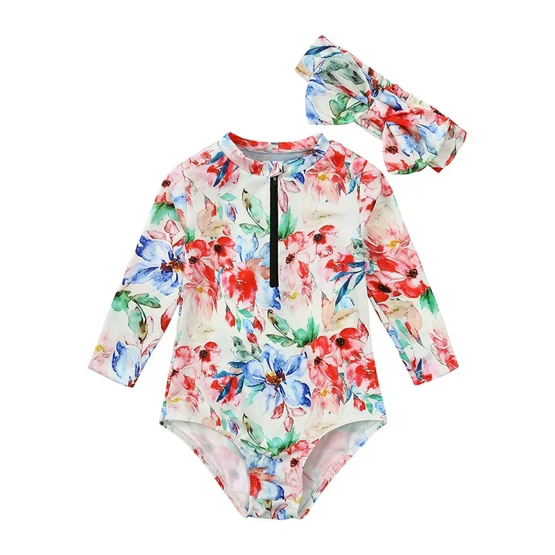 New Summer Baby Girls One-piece Swimsuit Long Sleeve Sunscreen Quick-Dry Cute Floral Print Swimwear Toddler Bathing Costume