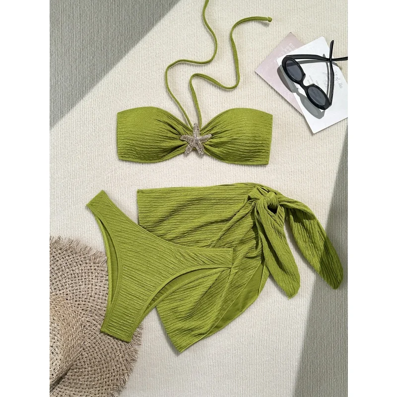 Metall Seestern Bandeau Bikini Set Damen Bademode Split Bikini Push Up Bandage Rock Cover Up 2025 Neue Urlaub Beachwear 3-teilig