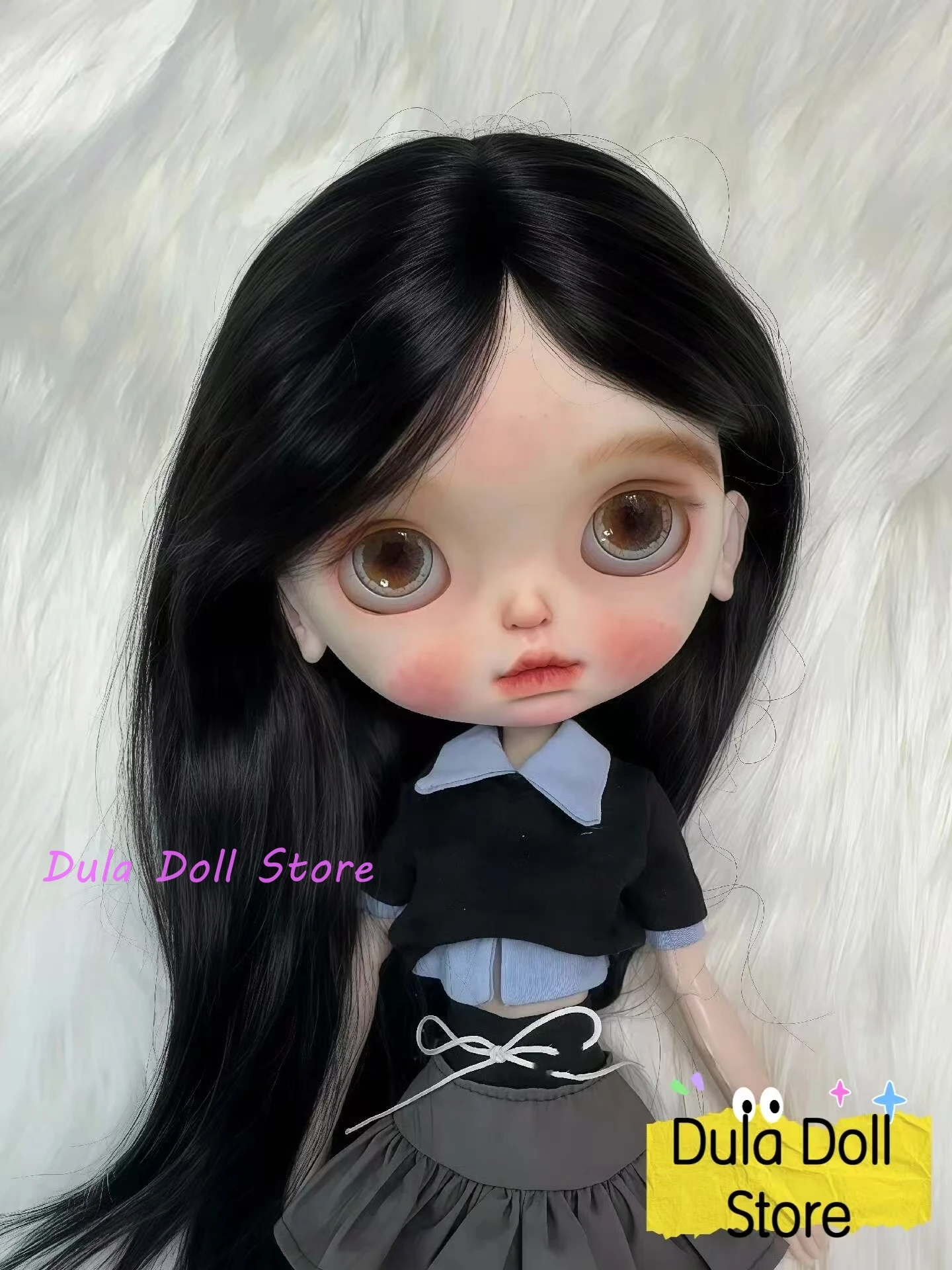 

Dula Doll wigs for Blythe ob24 ob22 natural Mohair Medium black straight hair 9-10 inch head circumstance Doll Accessories