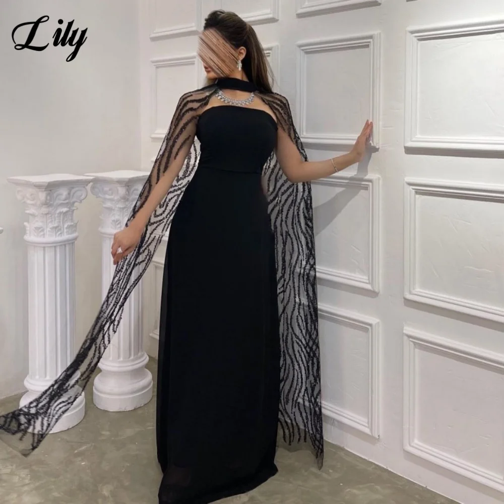 

Lily Black Party Dress Strapless Satin Formal Evening Dress Sexy Striped sequined Lace Shawl Prom Gown Women Dress Customized