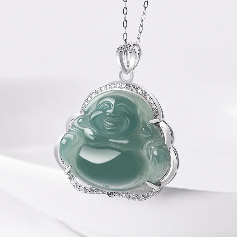 

Natural A-grade Jade Blue Water Buddha Lord Maitreya Buddha Pendant S925 Silver Inlaid Necklace Ice Jadeite Charms For Women