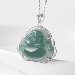 Natural A-grade Jade Blue Water Buddha Lord Maitreya Buddha Pendant S925 Silver Inlaid Necklace Ice Jadeite Charms For Women