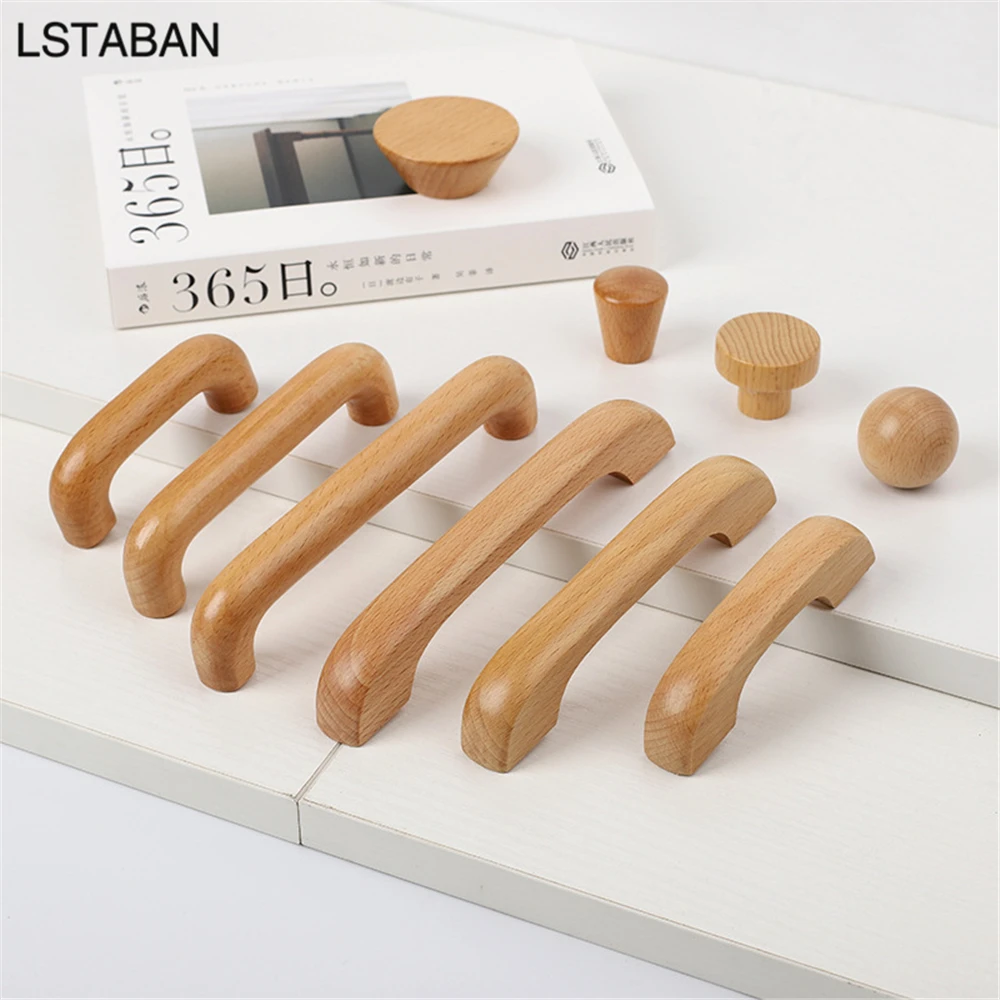 Solid Wood Kitchen Cabinet Handle Beech Varnish Furniture Wooden Door Drawer Knobs Cupboard Pull Handle for Hardware Accessories