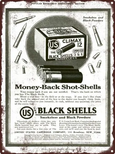 1919 US Cartridge Black Shells Shotgun Lead Shot Hunting Metal Sign 9x12