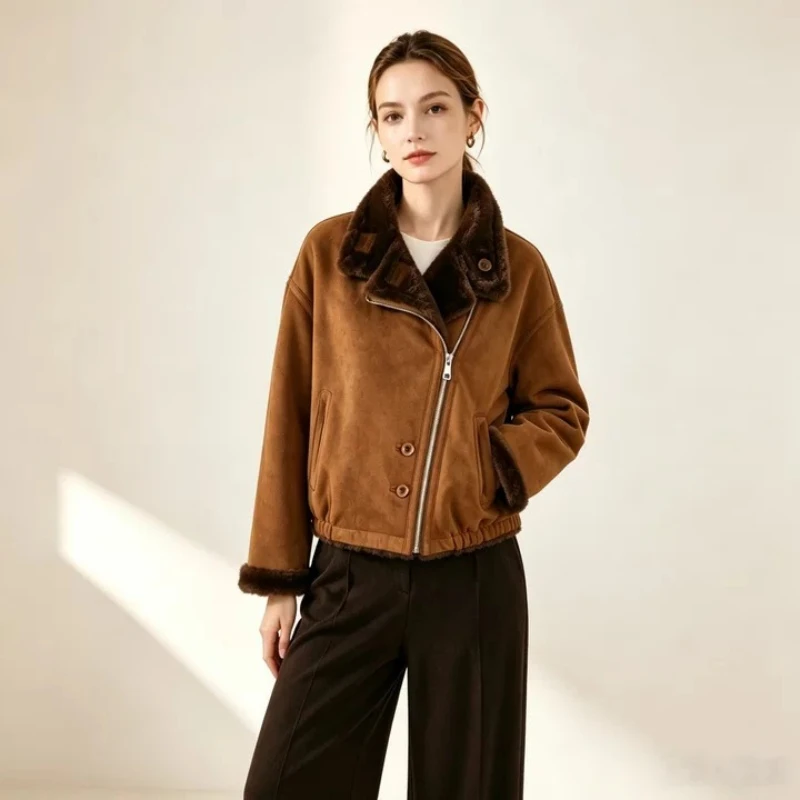 Double Breasted Fleece Jacket for Women Winter 2026 Fashionable French Style Elegant Casual Versatile Fur Leather One-piece Top