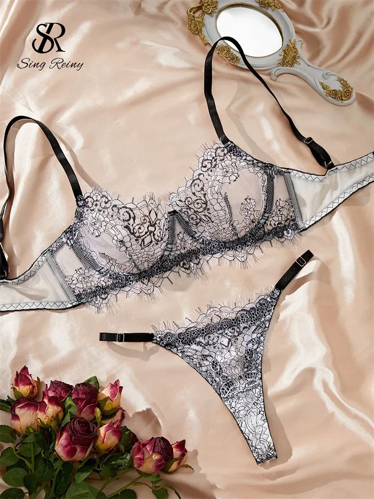 SINGREINY Women French Sheer Porno Lace Underwear Sets Embroidery Spliced Sheath Sleepwear Fashion Ladies Erotic Lingerie Suits
