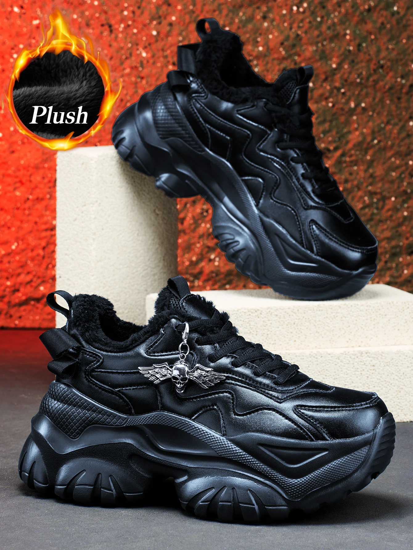 Women's Winter Outdoor Fashion Dad Shoes, Eva Lightweight Thick-Soled, 7cm Height Increase, Casual Sneakers, with Punk-Style Silver Angel Skull Detachable Charm, Comfortable and Warm Black Shoes for Daily Wear - view 6