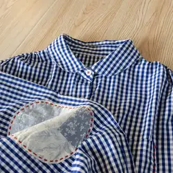 2026 Mori kei clothing 100% cotton women's plaid shirts Japan style peter pan collar patch blue white checkered shirts blouses