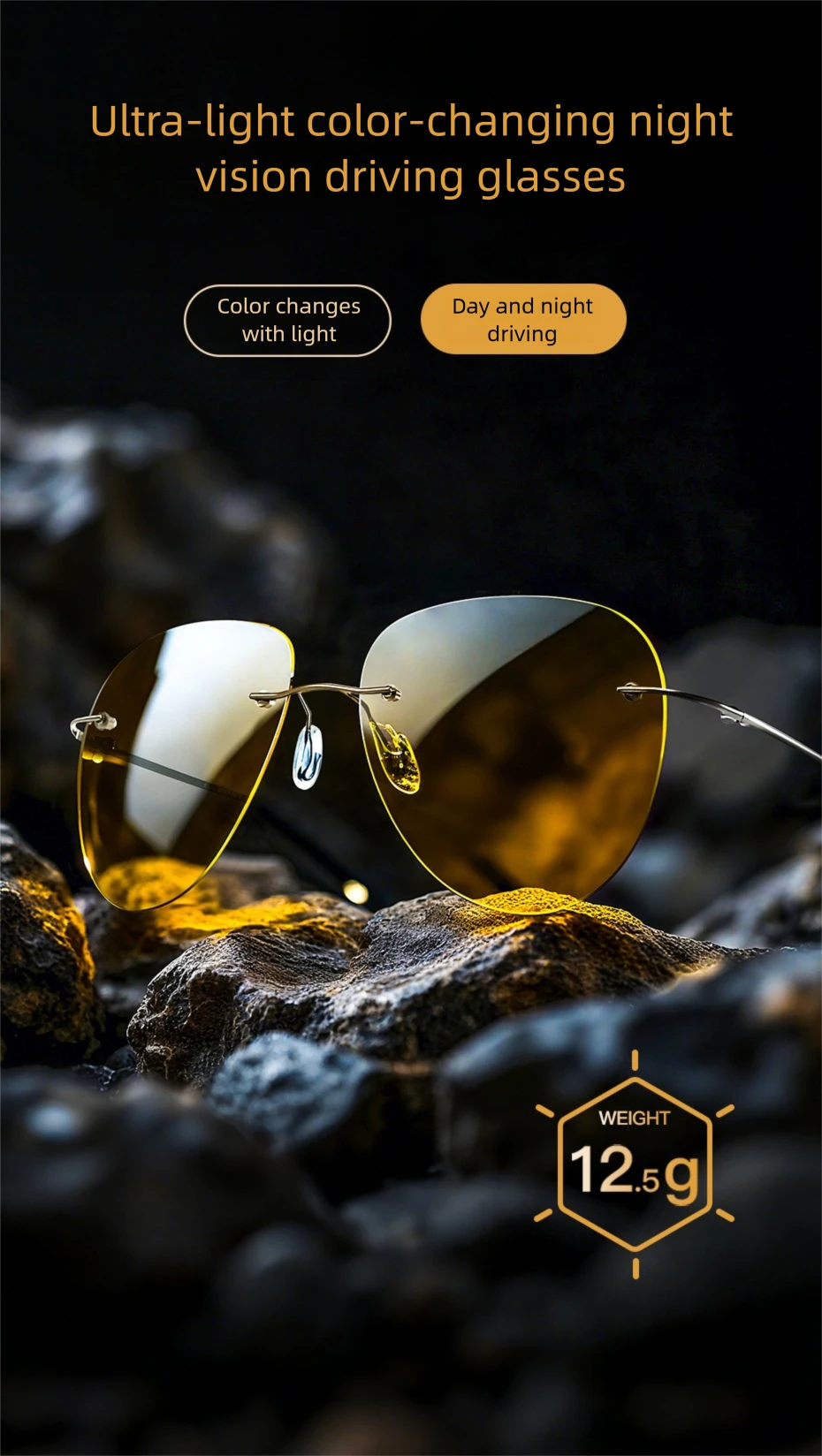 CAPONI Pilot Nachtsicht Randlose Sonnenbrille Ultraleicht Nacht Fahren Männer Sonnenbrille Photochrome Braun UV400 Gläser BSYS7466 – Detail 3