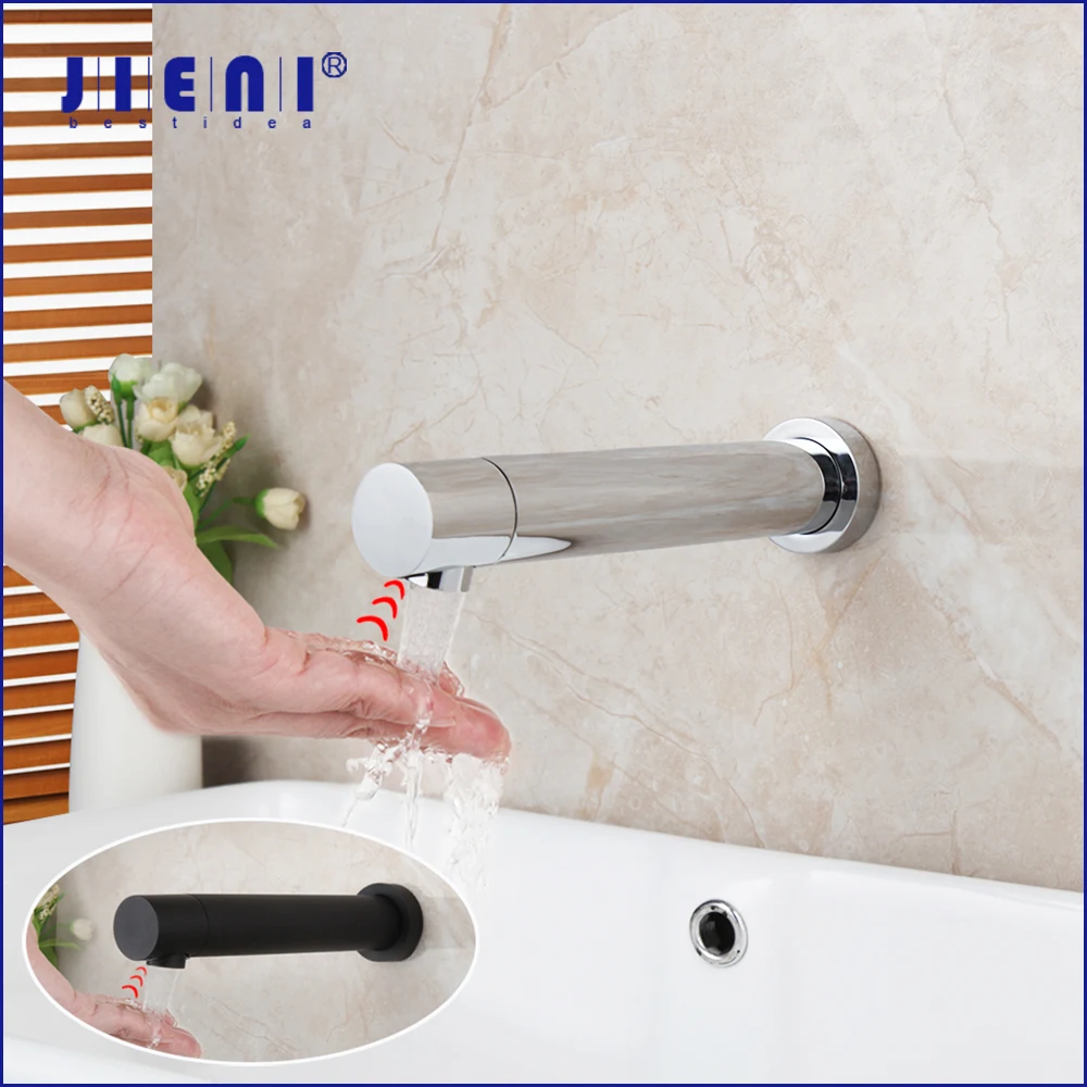 JIENI Matte Black Lavatory Bathroom Faucet Wall Mount Automatic Hands Free Touch Sensor Faucet Hot & Cold Water Mixer Basin Tap