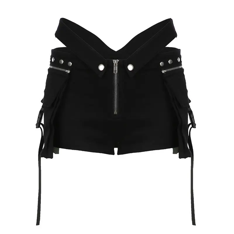 2024 New Model Zipper Pocket Women'S Punk Low-Slung Shorts Detachable Belt Pockets Handsome Sexy Female Denim Short Pants Summer