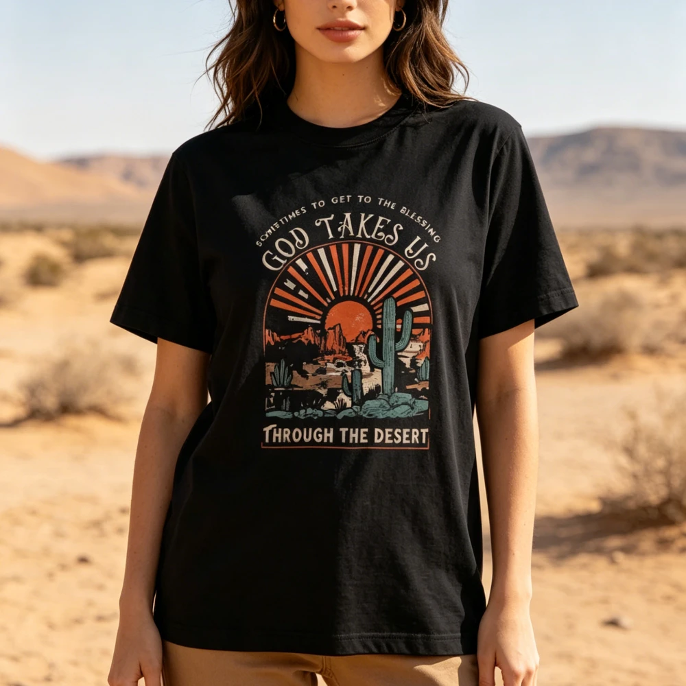 Retro Western Sunset Cactus God Takes Us Through The Desert Print Short Sleeve Country Religious Inspirational Tee Men Women Top