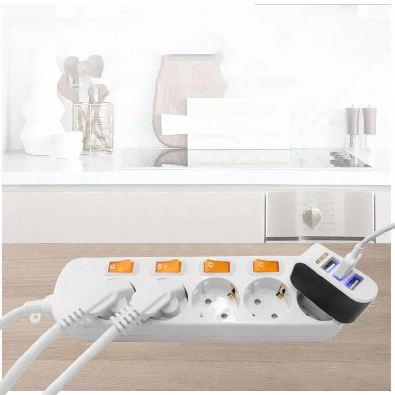 Power Strip EU Plug Extension Socket 16A 250V 3/4/5/6Ways Outlet Surge Protector 1.5Meter Cord