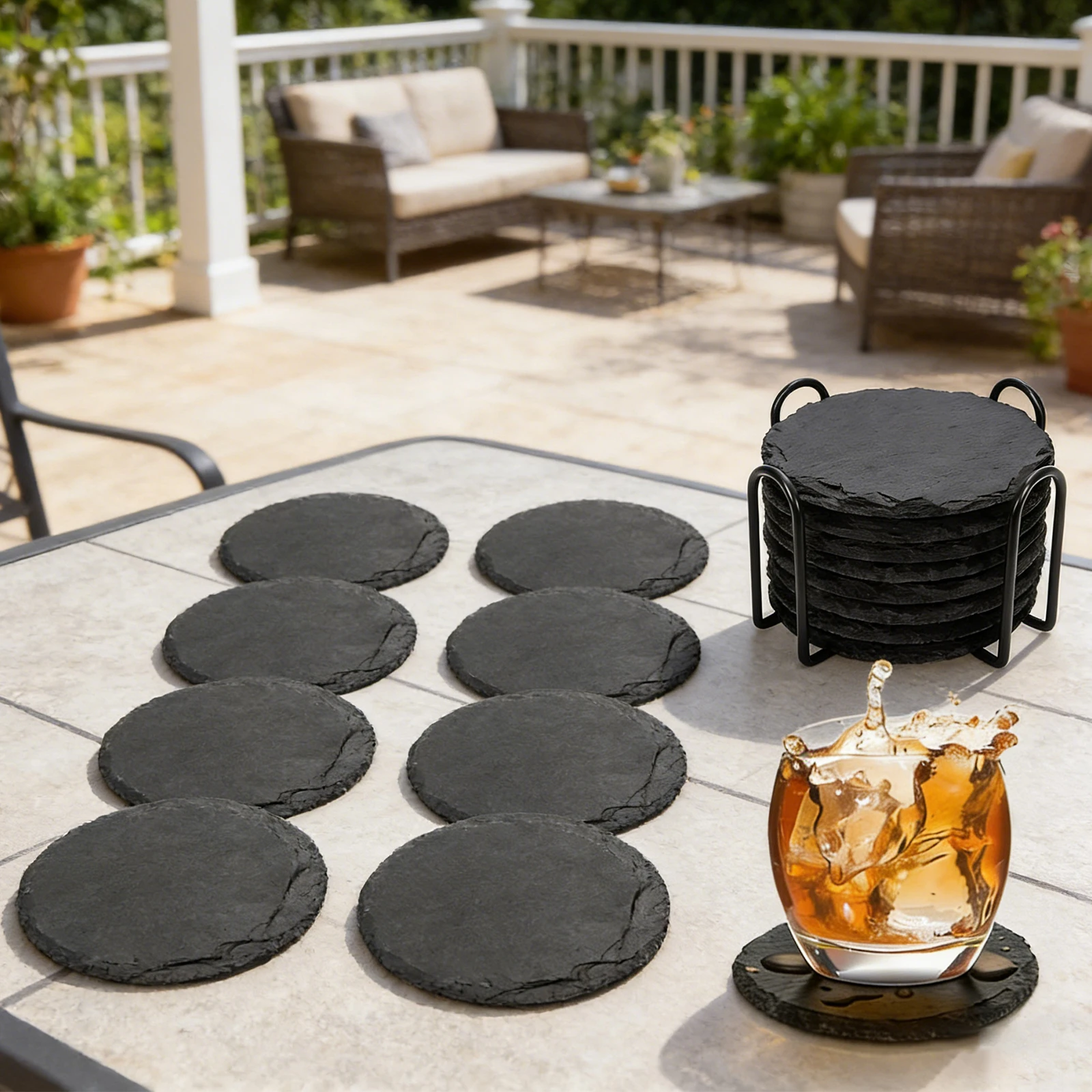 

4-Inch Black Slate Stone Coasters with Scratch-Resistant Backing Blank Rock Coasters for Drink Coffee Bar Kitchen Home Decor