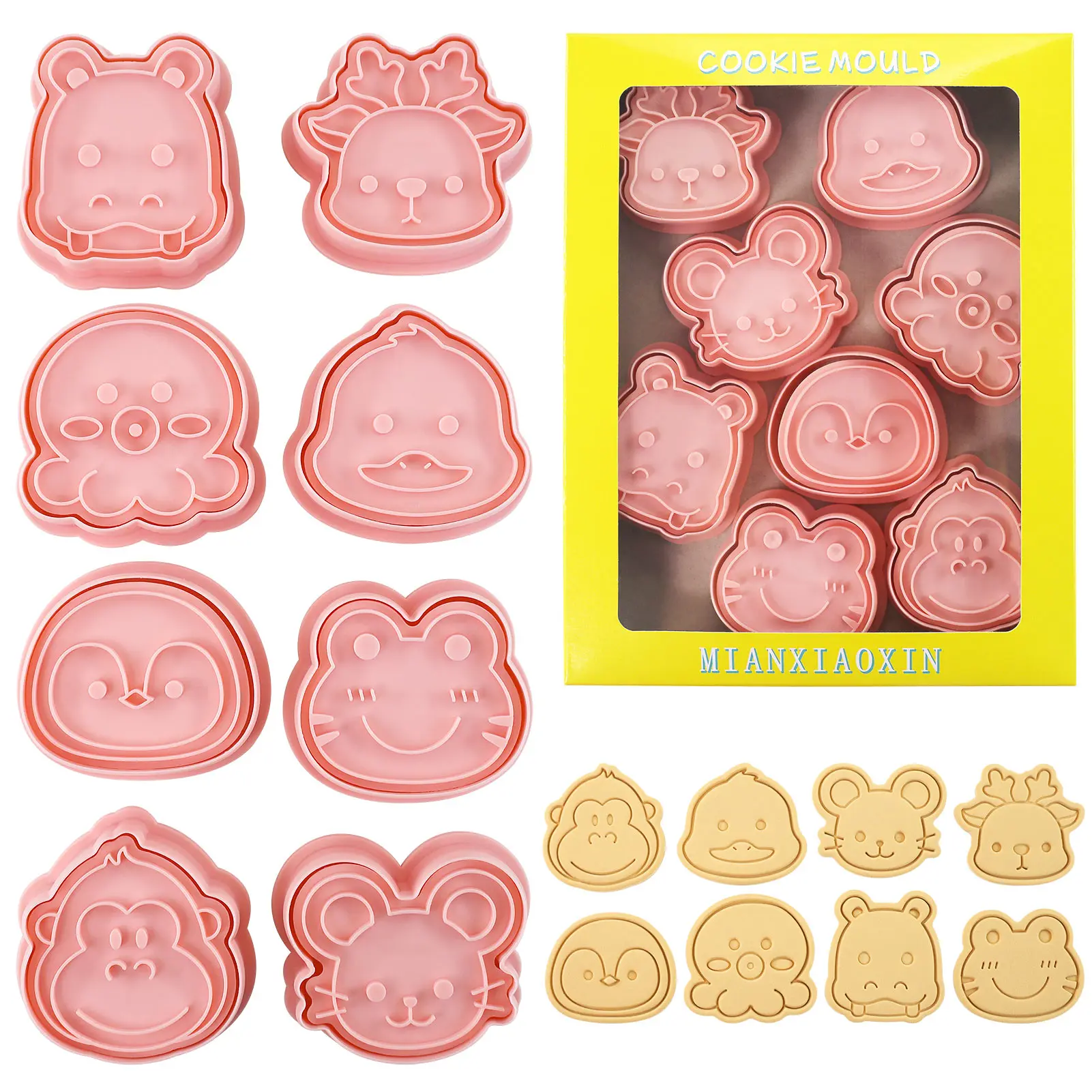 8Pcs/Set Animal Portrait Cookie Stamp Mold Duck Hippo Deer Gorilla Octopus Penguin Mouse Frog Shape Biscuit Mold Baking Tools