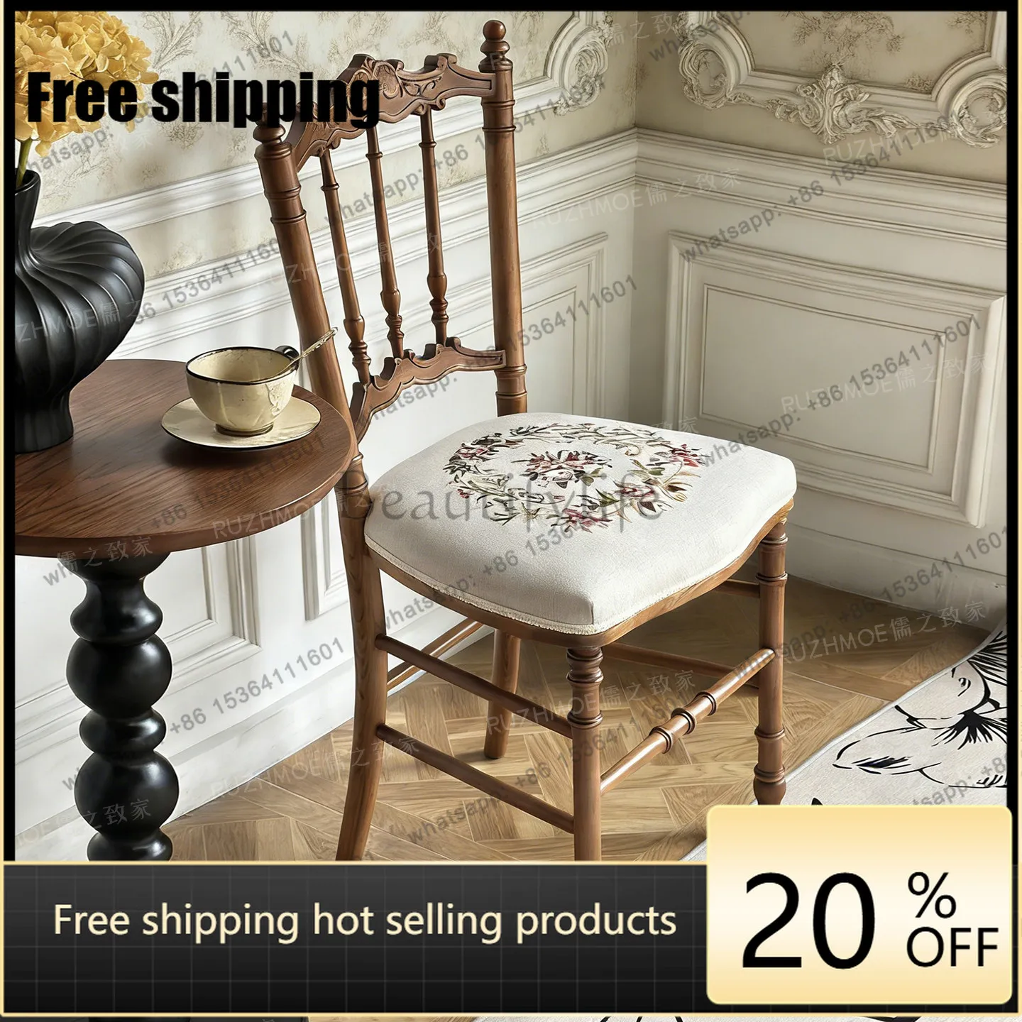 LD medieval solid wood fabric embroidery soft bag dining chair back engraved French retro home makeup chair