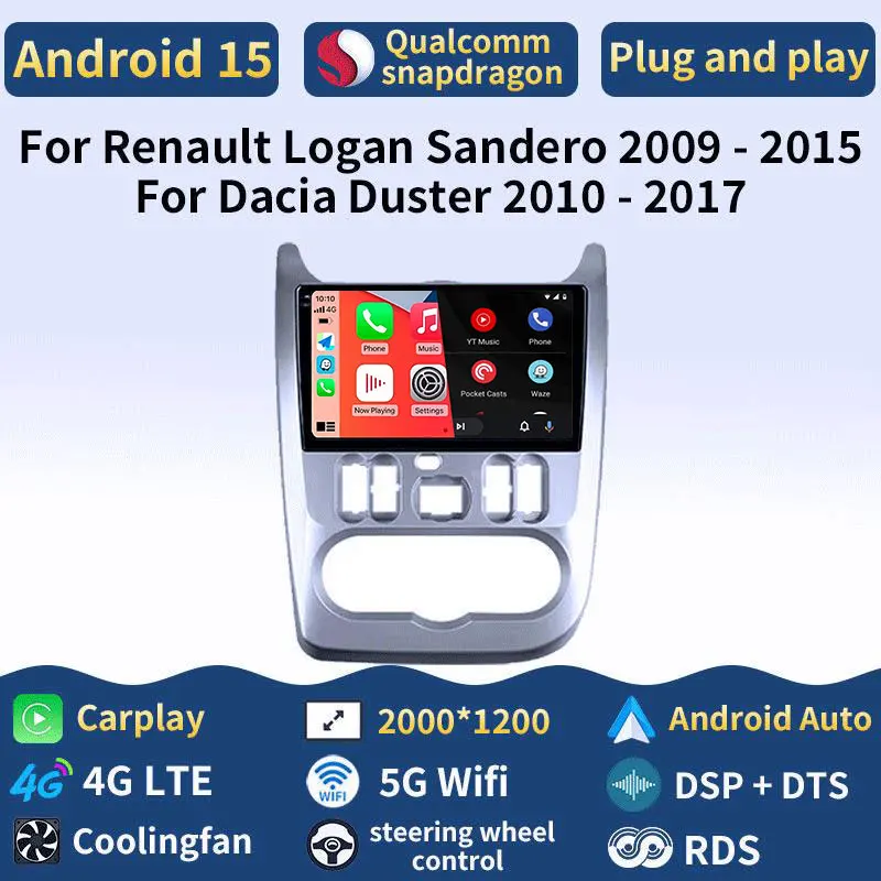 Radio para Auto Android 15 para Renault Logan 1 Sandero 2009-2015 Largus Dacia Duster, Carplay Inalámbrico, Multimedia, Video, Estéreo, DPS, 4G