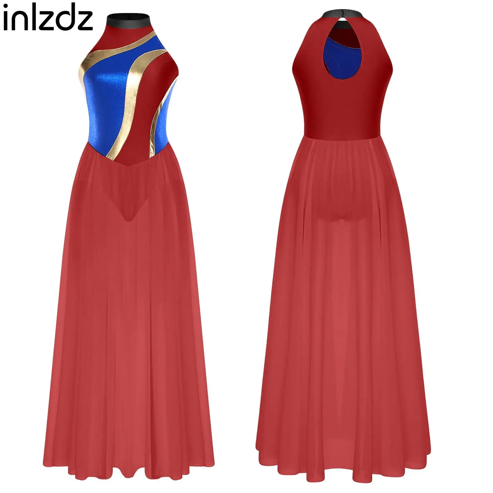 

Womens Lyrical Dance Dress Modern Contemporary Costumes Halter Mock Neck Sleeveless Overlay Chiffon Long Skirt Performance Set