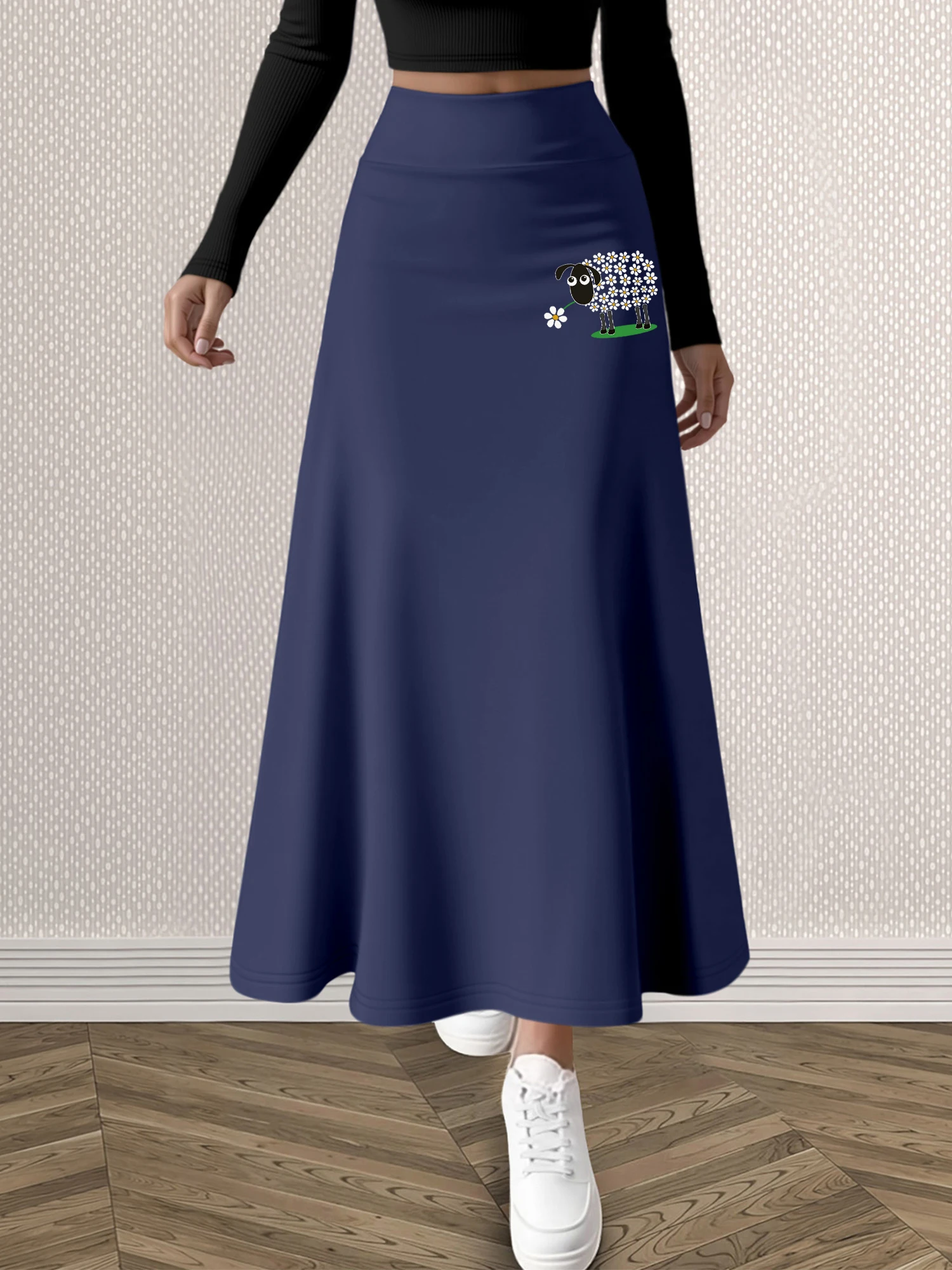 Women High Waist A-Line Maxi Skirt Daisy Sheep Print Casual Soft Flared Long Skirt