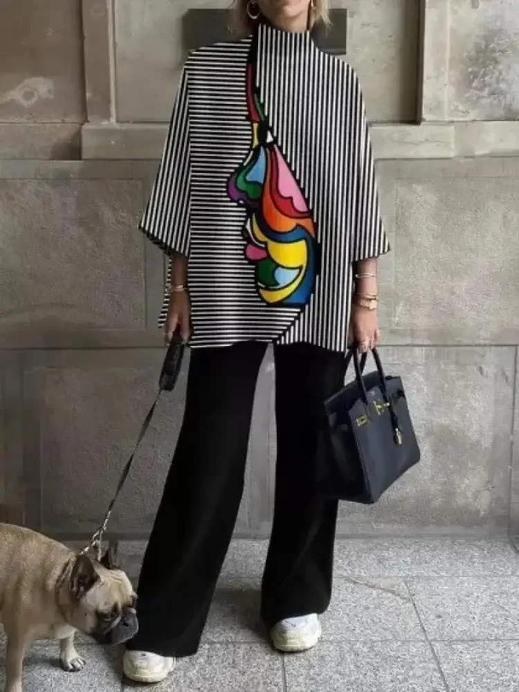 Women's High Neck Loose Blouse Three-Quarter Sleeves Black White Striped Colorful Abstract Printed Fashion Casual Tops 2026 New