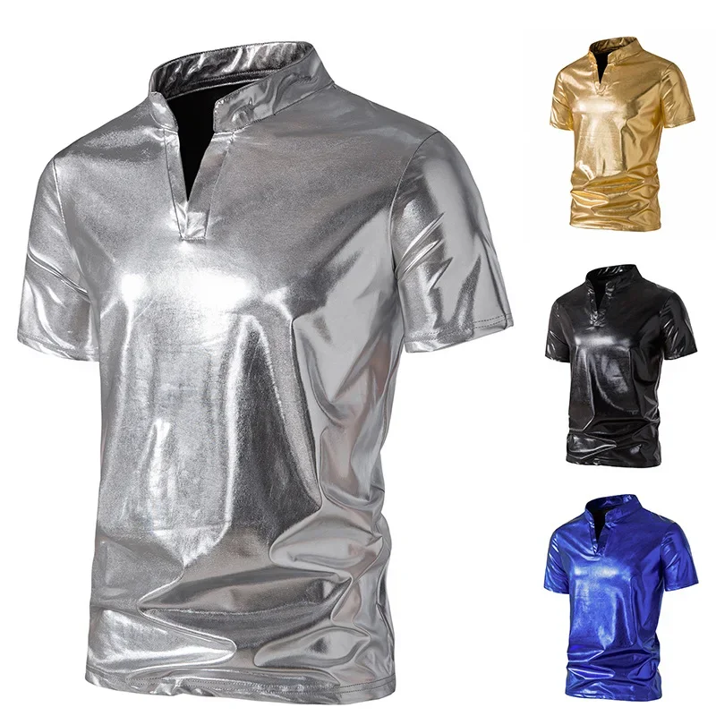 Summer New Mens Vest Bright Henley Collar POLO American Fashion Nightclub Mens Tshirt