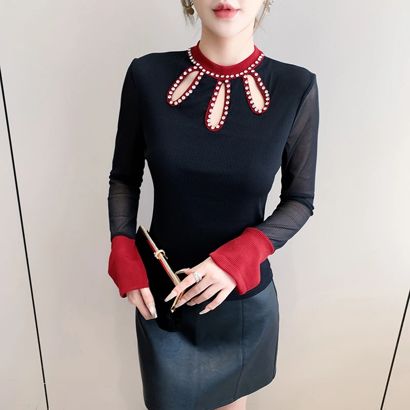 

2025, новинка, европейская, одежда, футболка, мода, сексуальная, с круглым вырезом, полые, блестящие, бисерные, женские, топы, длинный рукав, пэчворк, горячие, футболки 510004