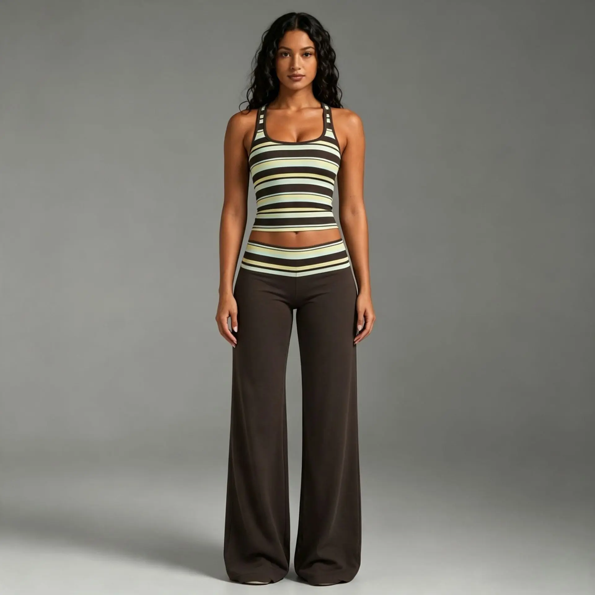 Striped Print U Neck Racerback Tank Top And Wide Leg Pants Set Women Y2K Casual Two Piece Outfit Streetwear Workout Matching Set