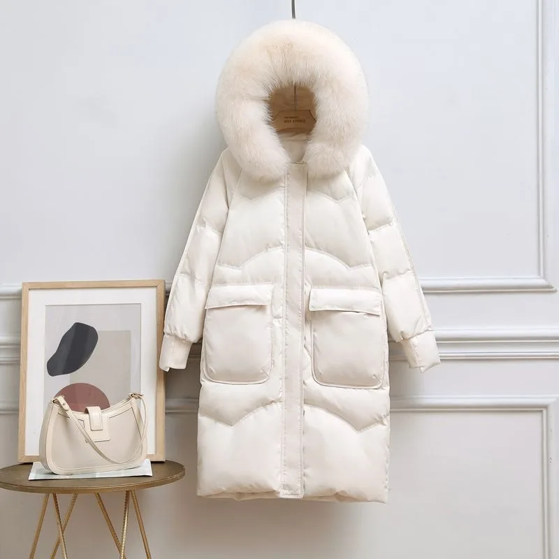 2023 New Women Down Cotton Coat Winter Jacket Female Mid Length Version Parkas Loose Thick Outwear Hooded Fur Colla Overcoat