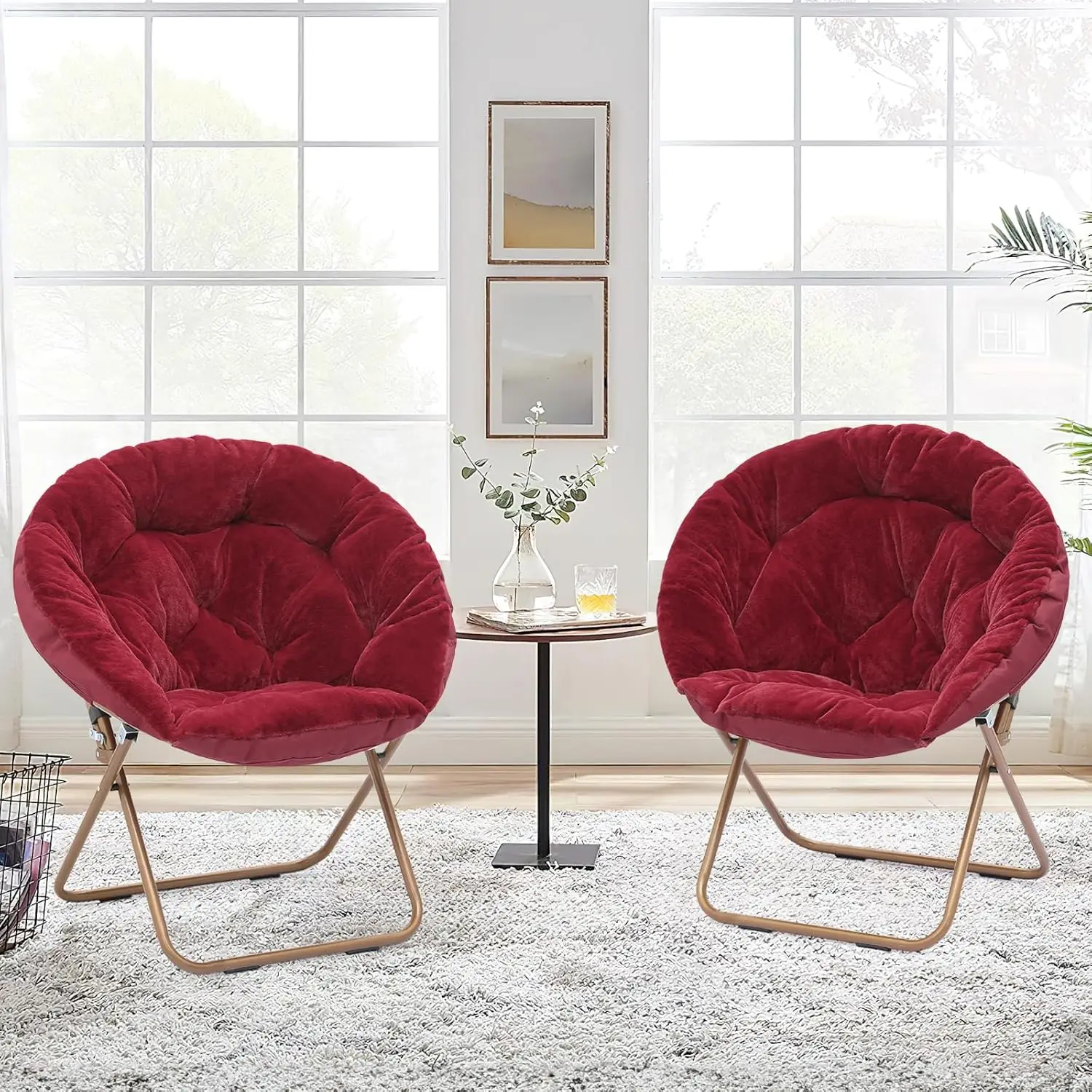 Round Foldable Oversized Moon Saucer Chair for Adults Large Cozy Chair for Bedroom, Burgundy, Set of 2