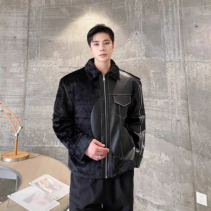 WTHT Trendy Men's Spliced Leather Design High Street Coats Fashion American Style Zipper Loose Jackets Male 2025 Autumn 2A1945