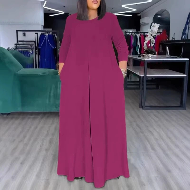 

Elegant Women Long Sleeve Pocket Playsuits Spring Summer New High Waist Simple Rompers Casual O-neck Solid Loose Maxi Jumpsuits