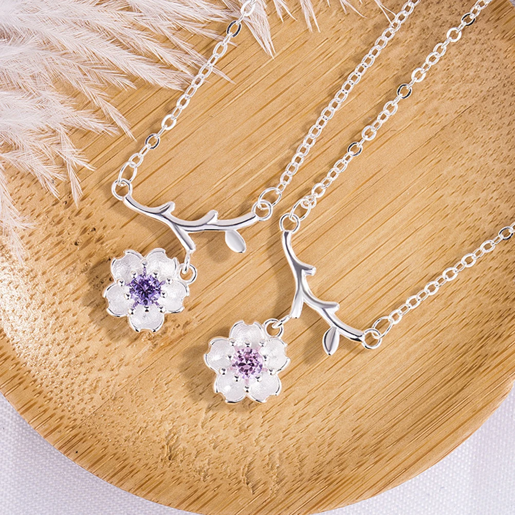

1pc Sweet Lovely Branch Pendant Necklace Simple Shining Cherry Flower Necklace Clavicular Chain Fashion Jewelry (Pink)