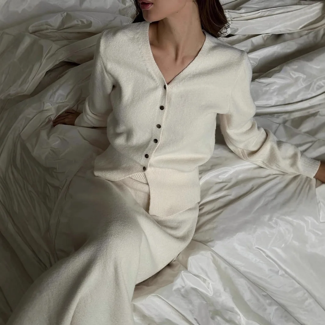 Autumn New Elegant Fashion 2 Piece Sets Solid Vintage Knitted Skirts Sets Women V Neck Button-up Long Sleeve Cardigan Sweater