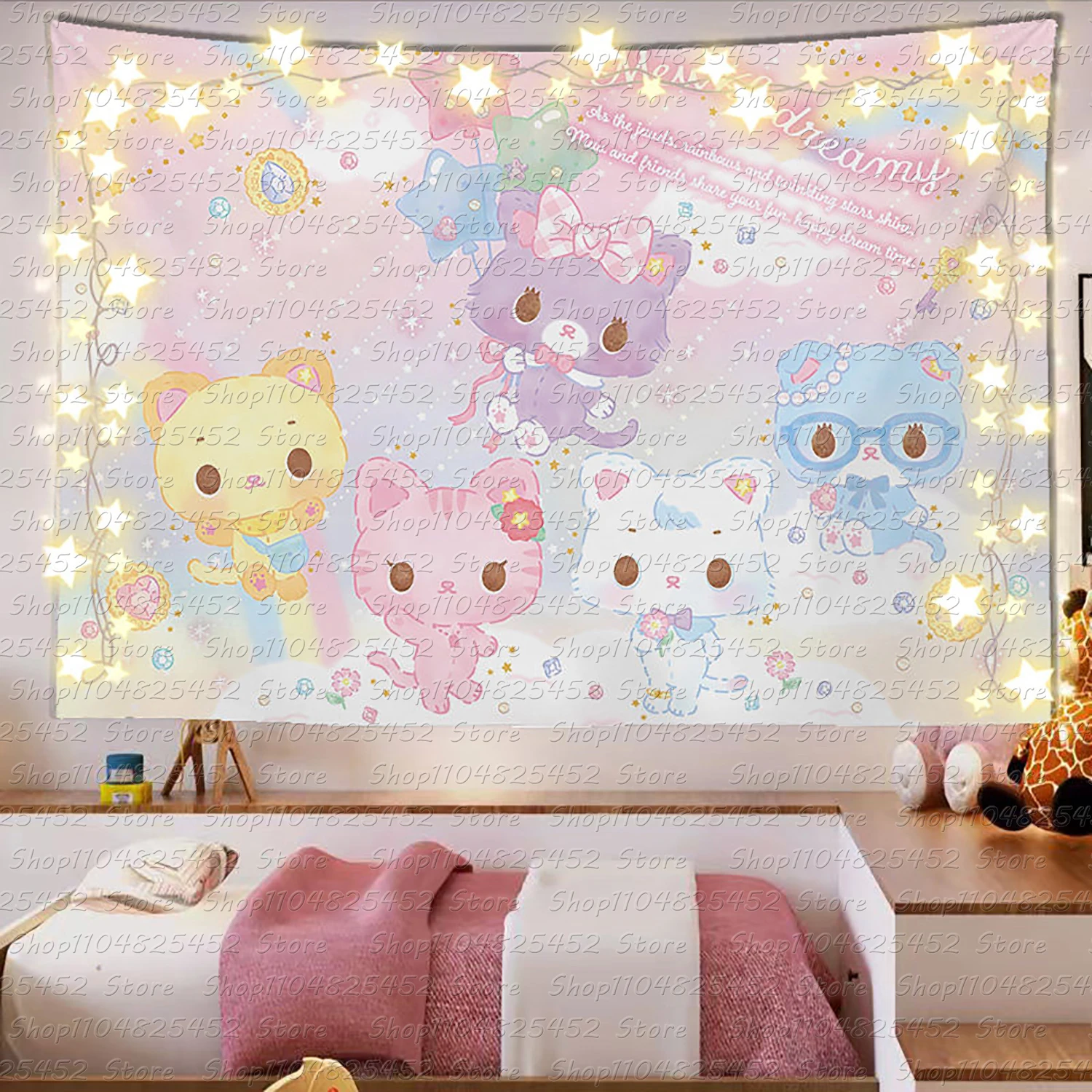 Entzückende Sanrio Familie Rosa Herz Wandteppich Kawaii Anime Wanddekoration Super Niedliche Mädchenherz Bedruckte Heimdekoration