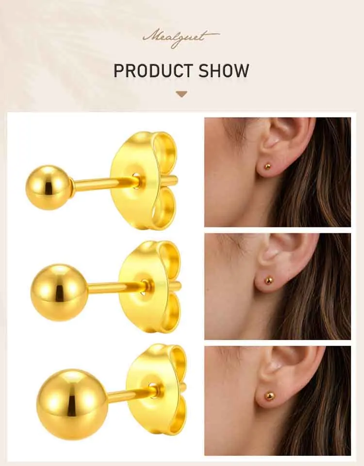 18K vergoldete Kugel-Ohrstecker für Damen, hypoallergene runde Edelstahl-Ohrringe, minimalistischer Alltagsschmuck – Detail 1