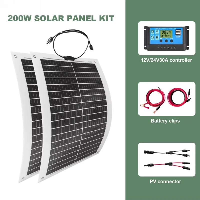 200W Flexible 100W 2 Pieces MPPT Controller and Cable Set for Camping Trips Waterproof  Mono Solar Panel