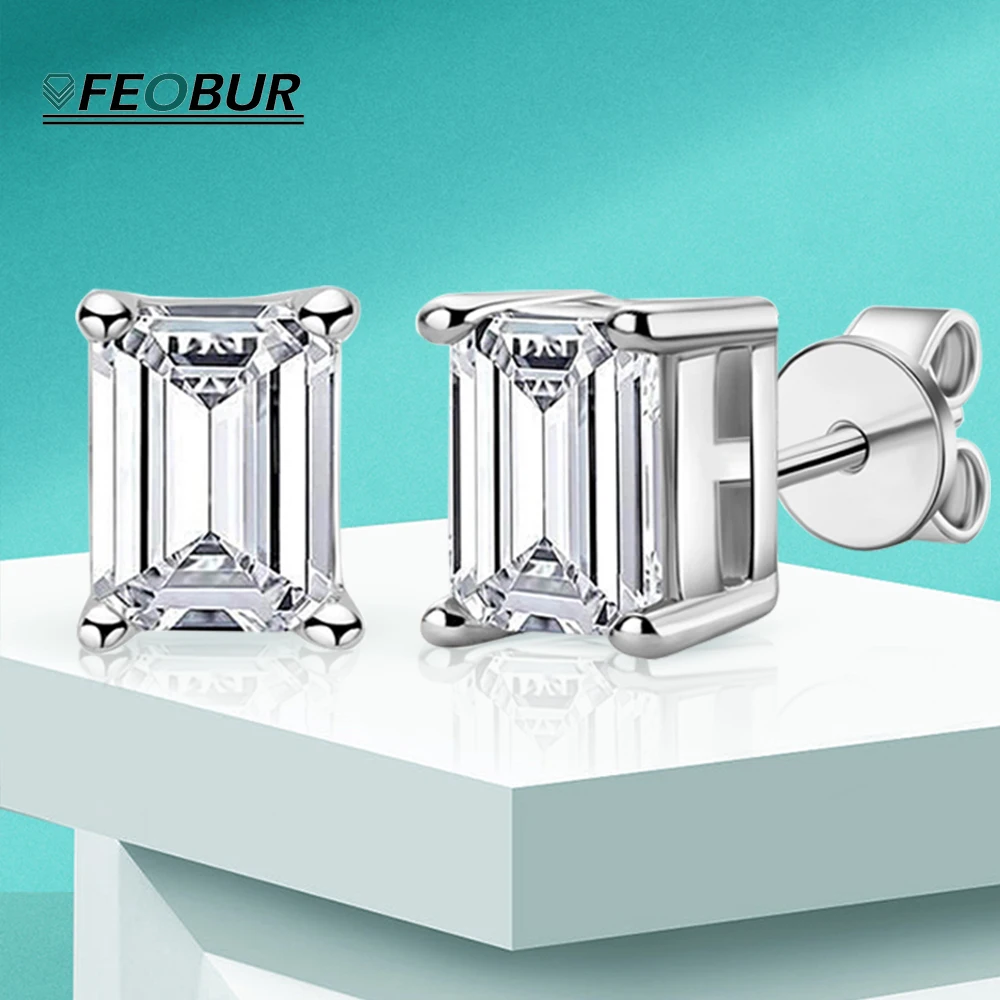 

FEOBUR 2ct Emerald Radiant Cut Moissanite Stud Earrings for Women Rectangle Lab Diamond Earring S925 Sterling Silver 18K Plated