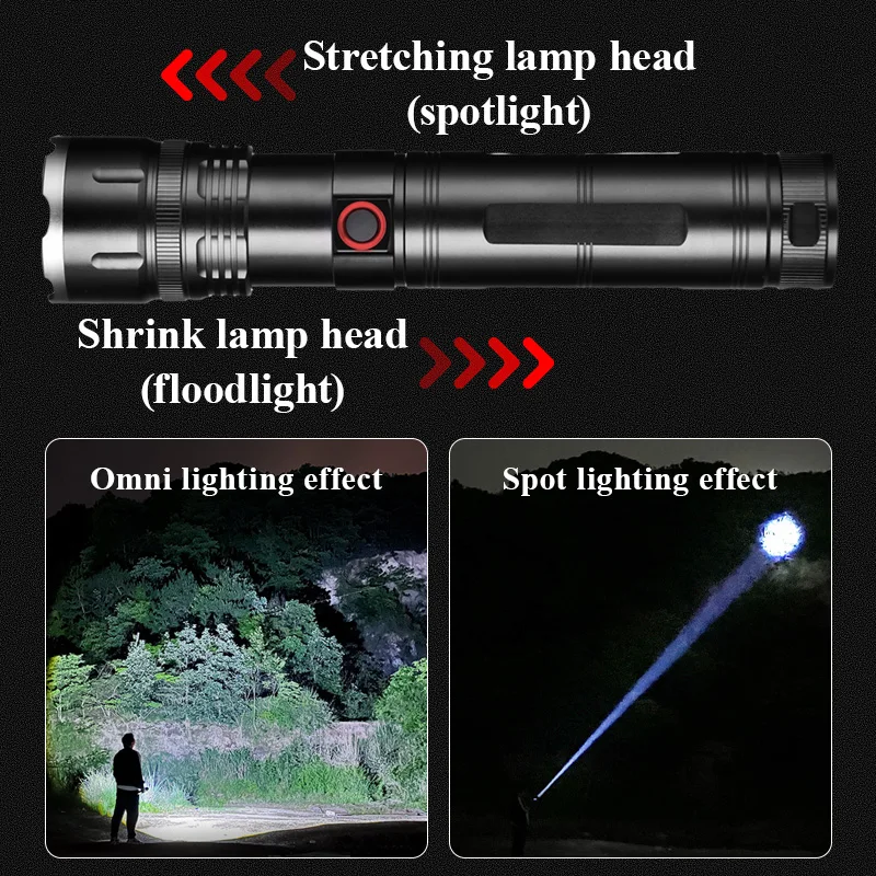 Powerful Spotlight Long Range LED Flashlight Strong Light Lamp Tactical Torch Lantern Built-in Battery Type-C Charging Torch