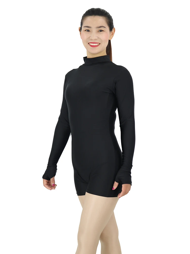 

Aoylisey Women Black Biketard Short Unitard Spandex Long Sleeve Leotard Stage Performance Dance Wear with Thumbholes