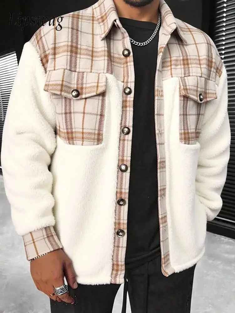 

Уютные флисовые куртки для мужчин в винтажном стиле с контрастными цветами и клетчатыми вставками, зимняя повседневная куртка на пуговицах с отложным воротником