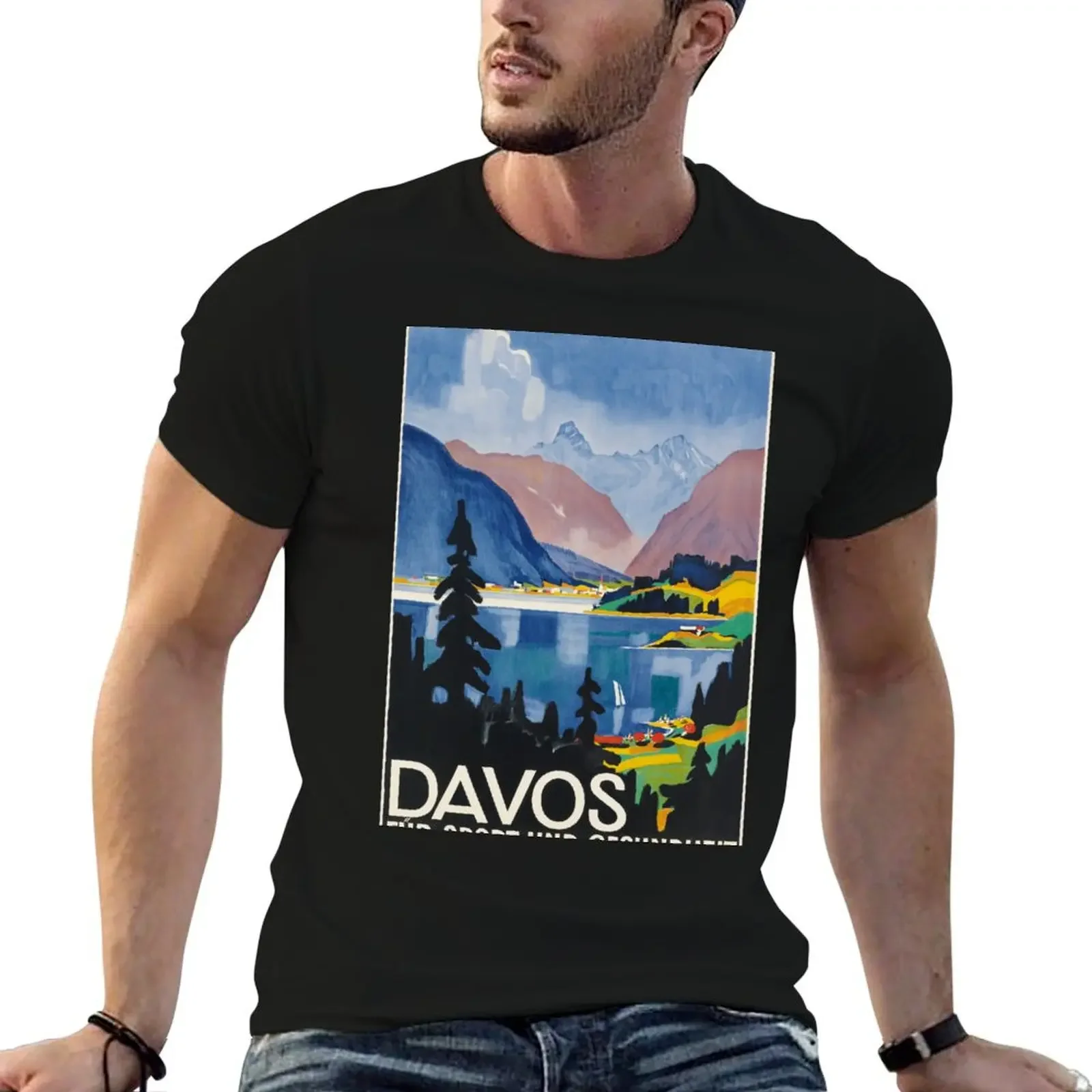 Davos vintage travel poster T-Shirt custom shirt summer tops kawaii clothes street wear clothing for men