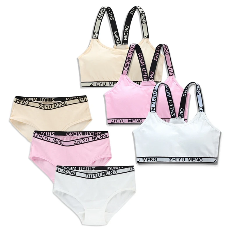 Girls Underwear Set Cotton Kids Panties Bras Suit Solid Color Soft Young Girl Brassiere Panty Children Teen Lingerie Set 8-16Y