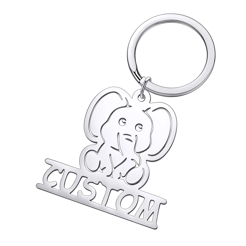 QIMING Custom Name Elephant Keychain Men Women Customized Cartoon Key Ring Stainless Steel Lovely Jewelry Gift